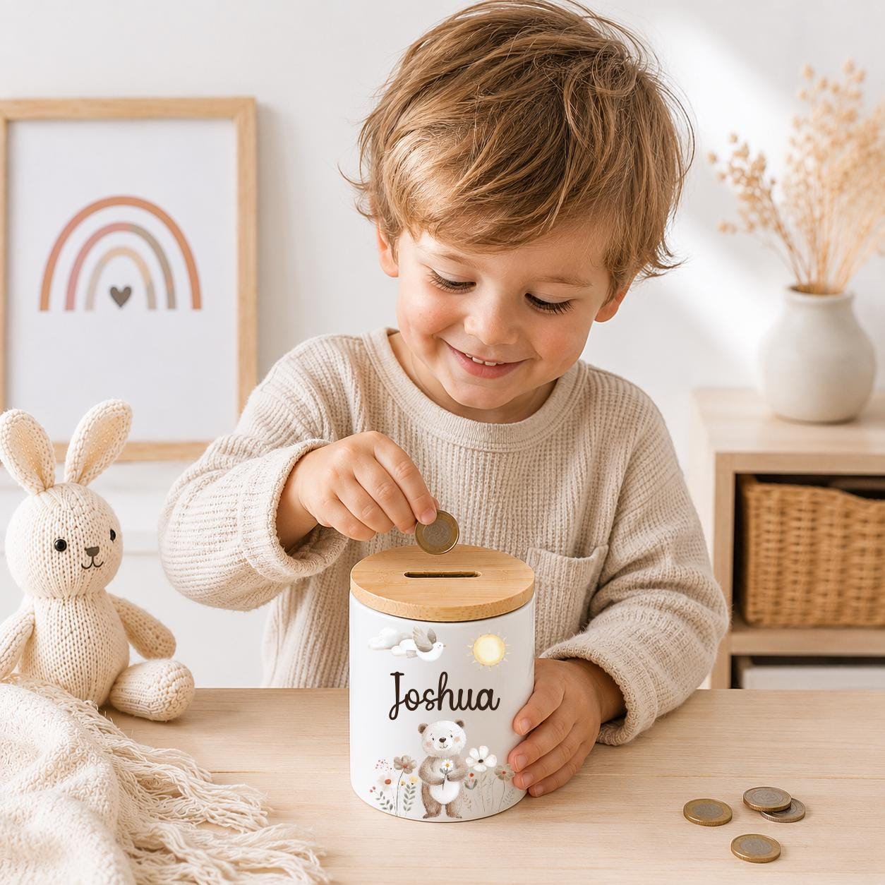 Personalisierte Spardose Kinder mit Namen – Keramik Spardose mit Bambusdeckel, Zahnputzbecher & Stiftehalter Baby Geschenk