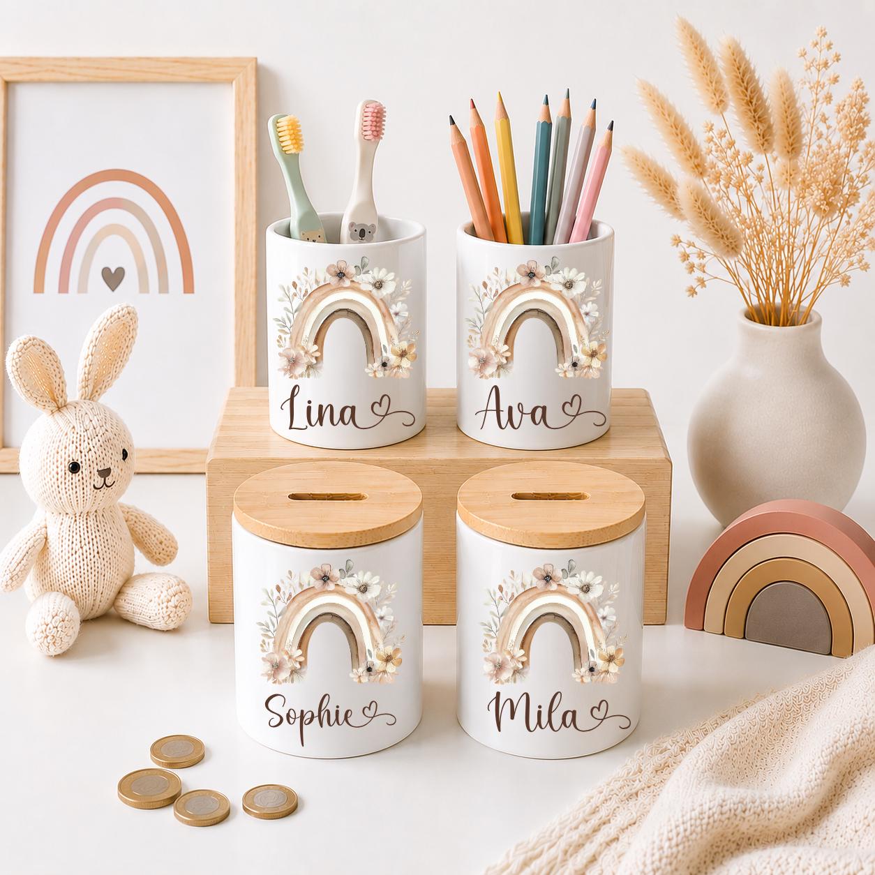 Personalisierte Spardose Kinder mit Namen – Keramik Spardose mit Bambusdeckel, Zahnputzbecher & Stiftehalter Baby Geschenk