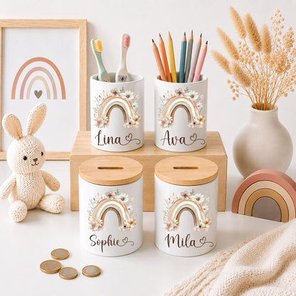 Personalisierte Spardose Kinder mit Namen – Keramik Spardose mit Bambusdeckel, Zahnputzbecher & Stiftehalter Baby Geschenk