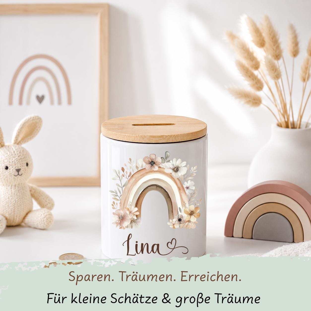 Personalisierte Spardose Kinder mit Namen – Keramik Spardose mit Bambusdeckel, Zahnputzbecher & Stiftehalter Baby Geschenk