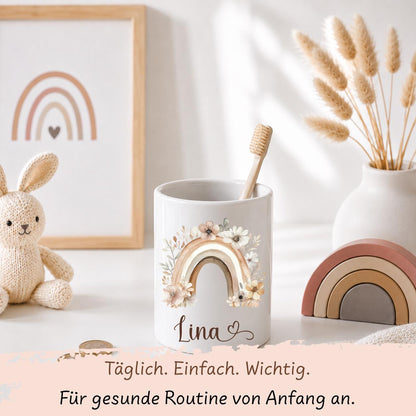 Personalisierte Spardose Kinder mit Namen – Keramik Spardose mit Bambusdeckel, Zahnputzbecher & Stiftehalter Baby Geschenk