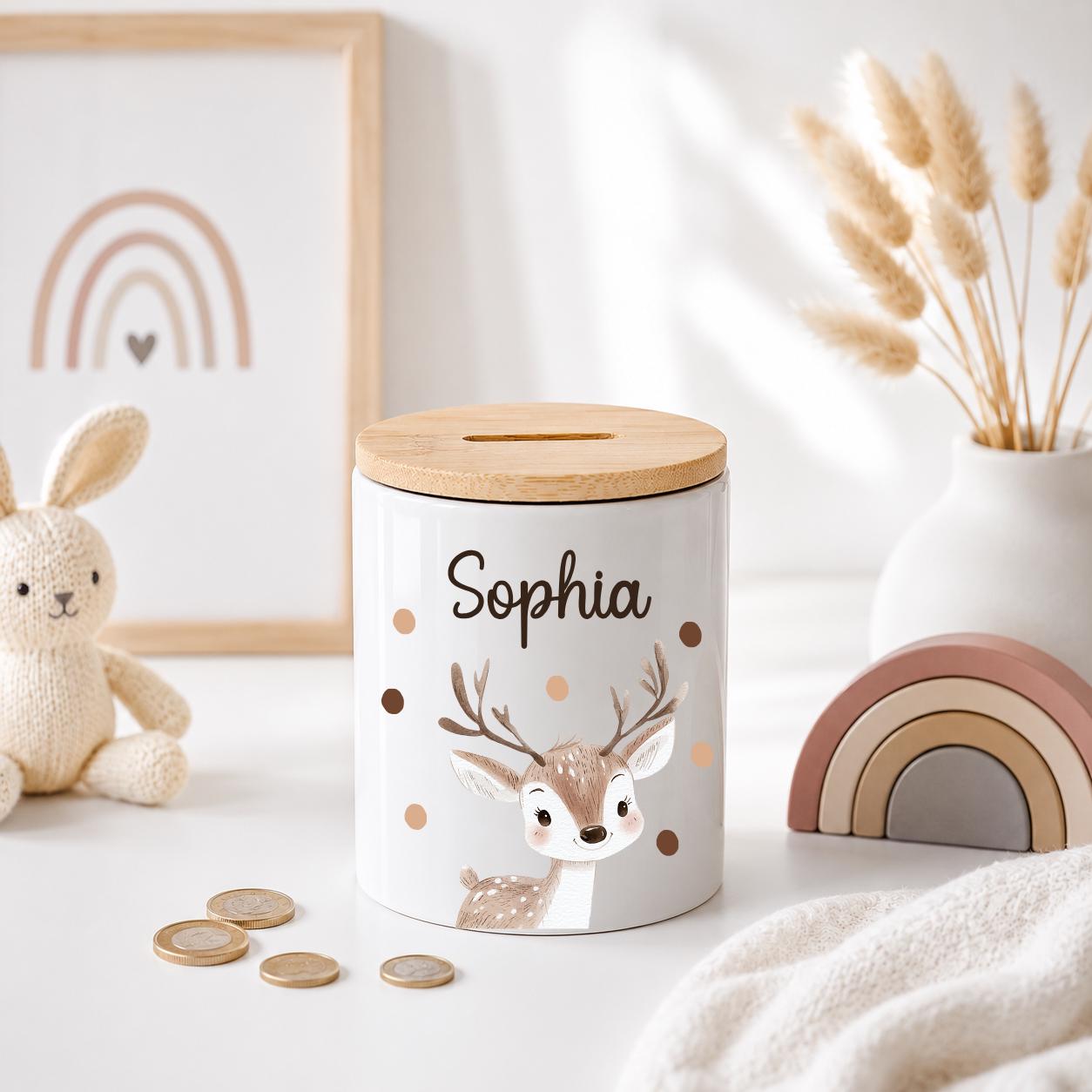 Personalisierte Spardose Kinder mit Namen – Keramik Spardose mit Bambusdeckel, Zahnputzbecher & Stiftehalter Baby Geschenk