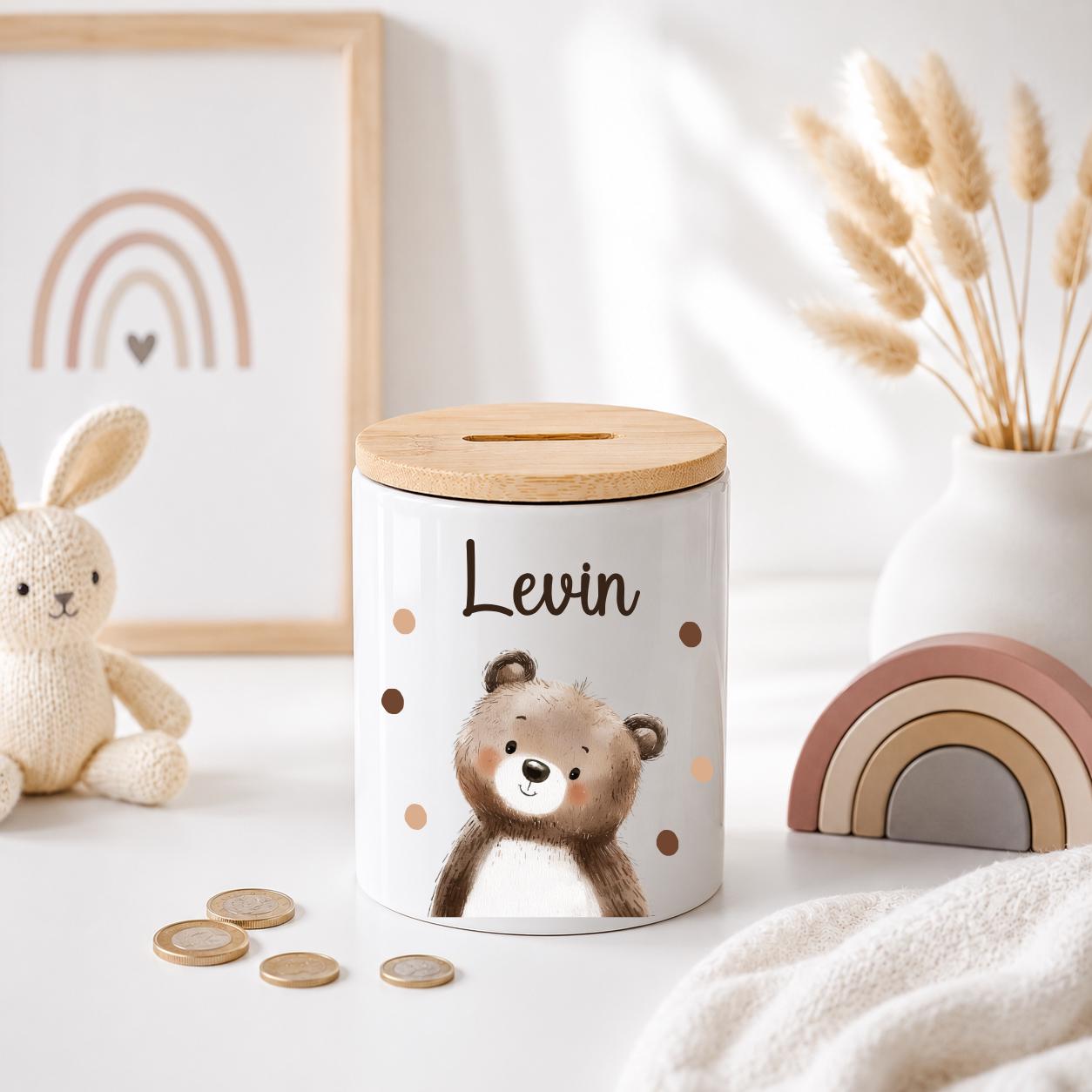 Personalisierte Spardose Kinder mit Namen – Keramik Spardose mit Bambusdeckel, Zahnputzbecher & Stiftehalter Baby Geschenk