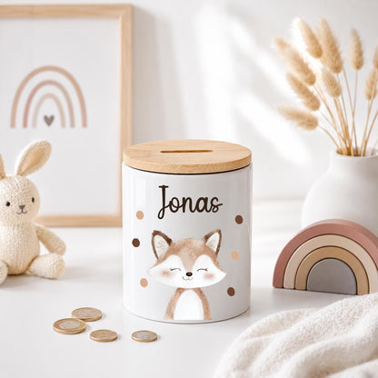 Personalisierte Spardose Kinder mit Namen – Keramik Spardose mit Bambusdeckel, Zahnputzbecher & Stiftehalter Baby Geschenk