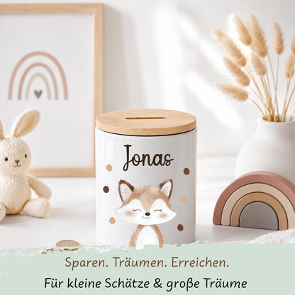 Personalisierte Spardose Kinder mit Namen – Keramik Spardose mit Bambusdeckel, Zahnputzbecher & Stiftehalter Baby Geschenk