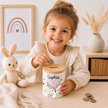 Personalisierte Spardose Kinder mit Namen – Keramik Spardose mit Bambusdeckel, Zahnputzbecher & Stiftehalter Baby Geschenk