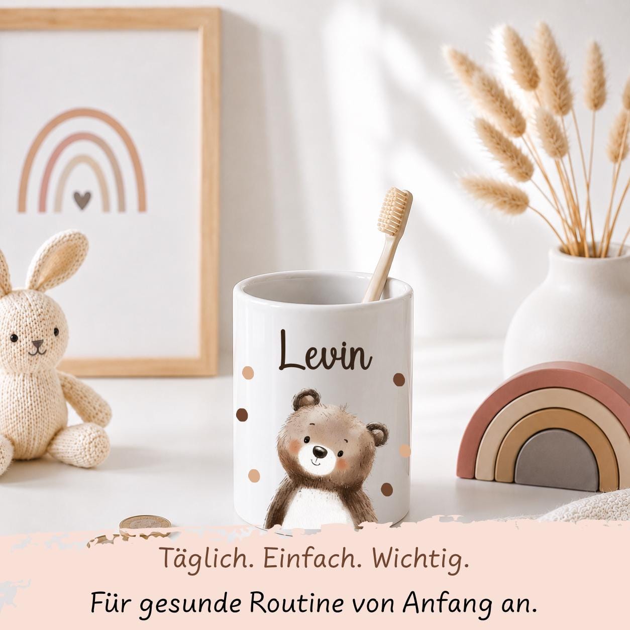 Personalisierte Spardose Kinder mit Namen – Keramik Spardose mit Bambusdeckel, Zahnputzbecher & Stiftehalter Baby Geschenk