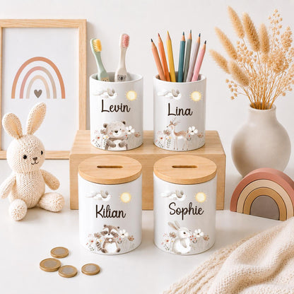 Personalisierte Spardose Kinder mit Namen – Keramik Spardose mit Bambusdeckel, Zahnputzbecher & Stiftehalter Baby Geschenk