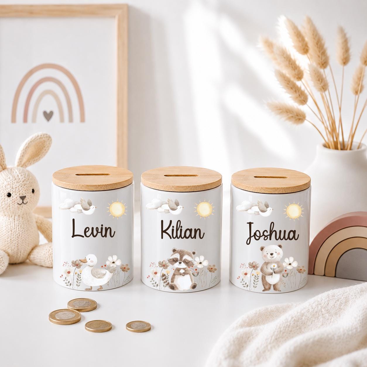 Personalisierte Spardose Kinder mit Namen – Keramik Spardose mit Bambusdeckel, Zahnputzbecher & Stiftehalter Baby Geschenk