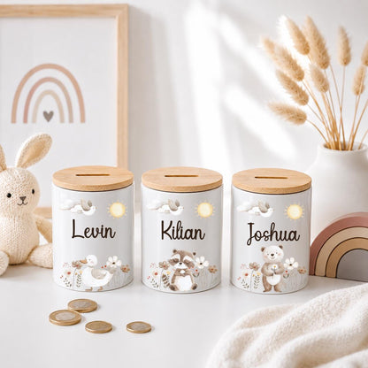 Personalisierte Spardose Kinder mit Namen – Keramik Spardose mit Bambusdeckel, Zahnputzbecher & Stiftehalter Baby Geschenk