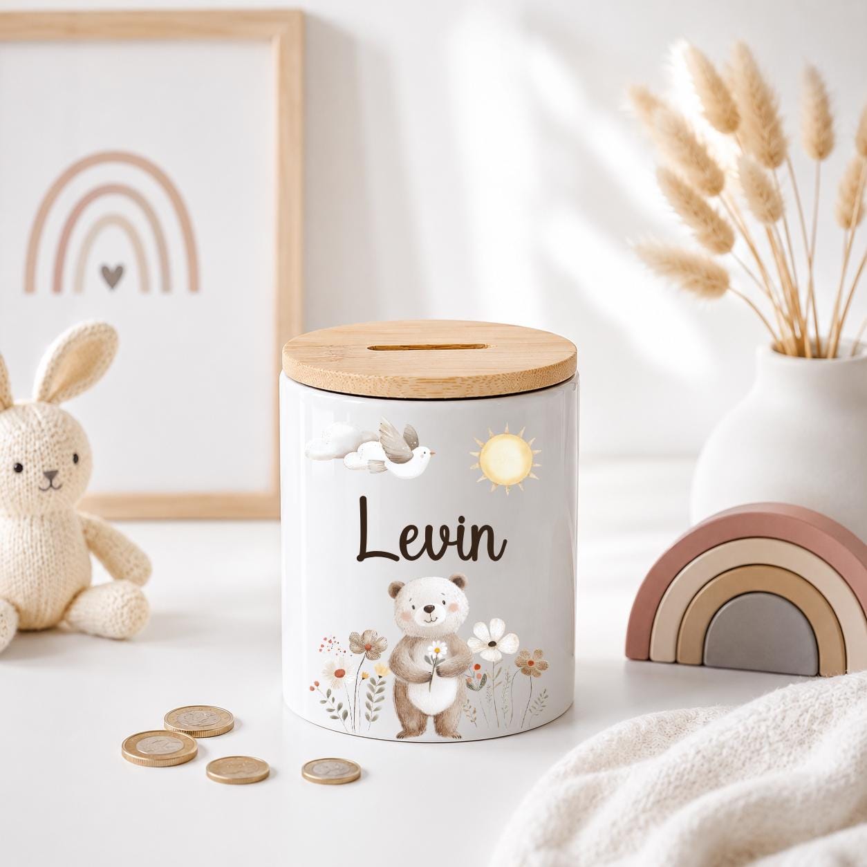 Personalisierte Spardose Kinder mit Namen – Keramik Spardose mit Bambusdeckel, Zahnputzbecher & Stiftehalter Baby Geschenk