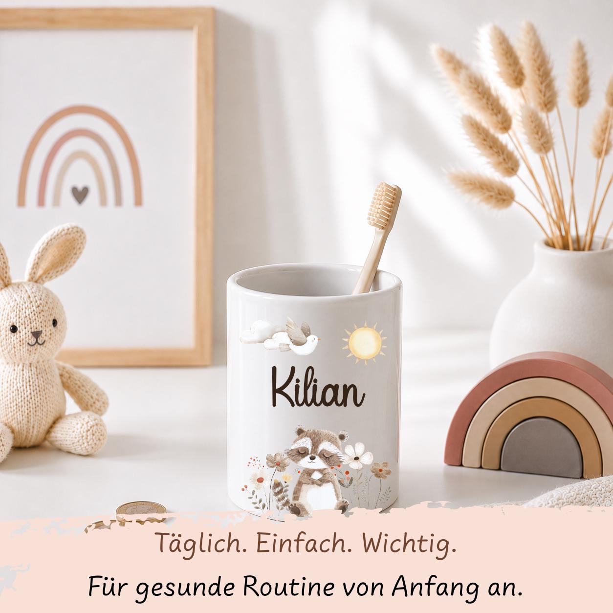 Personalisierte Spardose Kinder mit Namen – Keramik Spardose mit Bambusdeckel, Zahnputzbecher & Stiftehalter Baby Geschenk