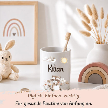 Personalisierte Spardose Kinder mit Namen – Keramik Spardose mit Bambusdeckel, Zahnputzbecher & Stiftehalter Baby Geschenk