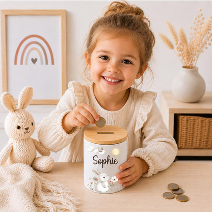 Personalisierte Spardose Kinder mit Namen – Keramik Spardose mit Bambusdeckel, Zahnputzbecher & Stiftehalter Baby Geschenk