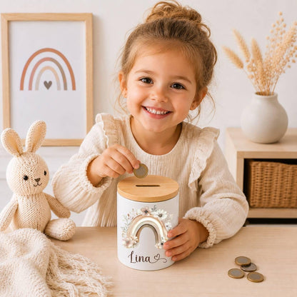 Personalisierte Spardose Kinder mit Namen – Keramik Spardose mit Bambusdeckel, Zahnputzbecher & Stiftehalter Baby Geschenk