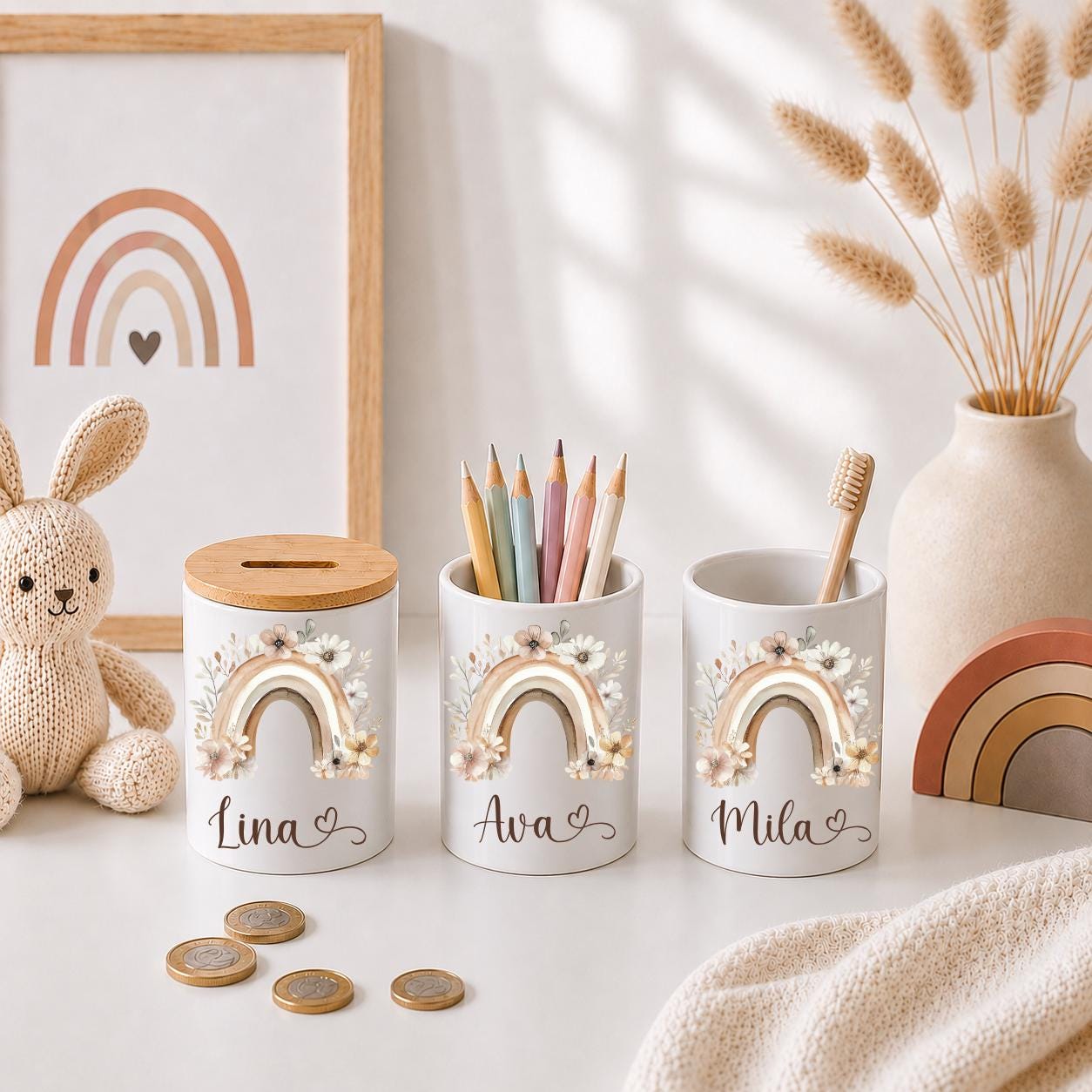 Personalisierte Spardose Kinder mit Namen – Keramik Spardose mit Bambusdeckel, Zahnputzbecher & Stiftehalter Baby Geschenk