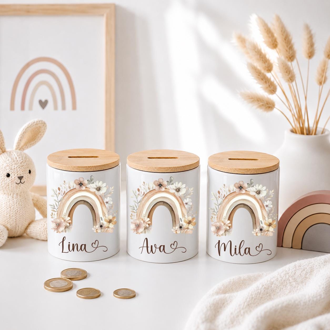 Personalisierte Spardose Kinder mit Namen – Keramik Spardose mit Bambusdeckel, Zahnputzbecher & Stiftehalter Baby Geschenk