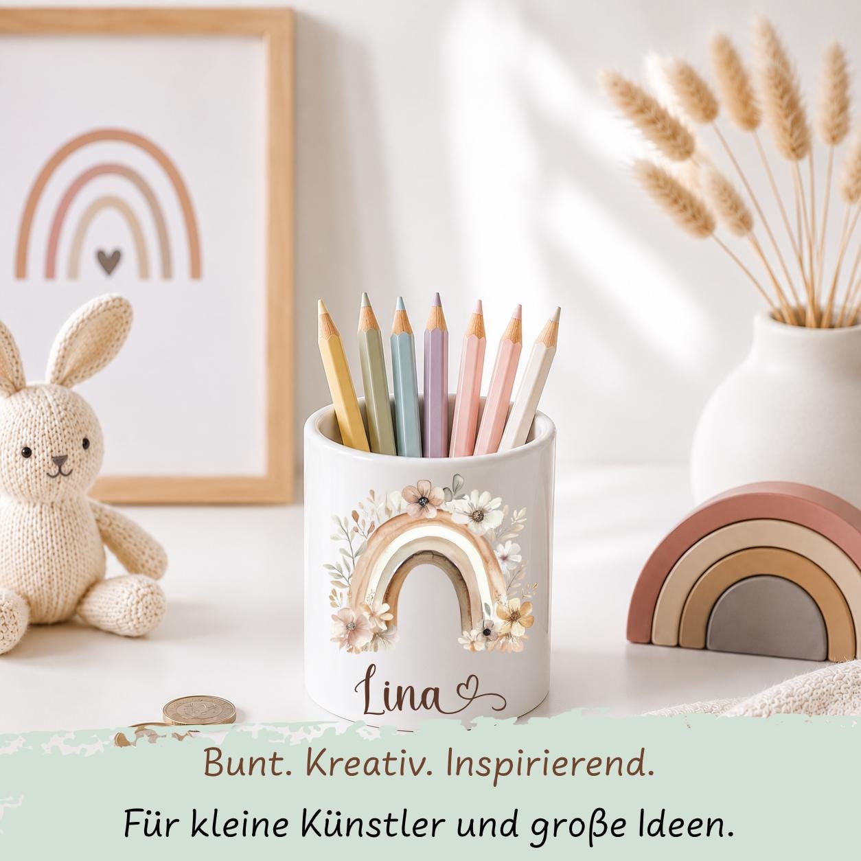 Personalisierte Spardose Kinder mit Namen – Keramik Spardose mit Bambusdeckel, Zahnputzbecher & Stiftehalter Baby Geschenk