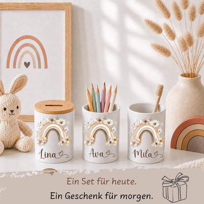 Personalisierte Spardose Kinder mit Namen – Keramik Spardose mit Bambusdeckel, Zahnputzbecher & Stiftehalter Baby Geschenk