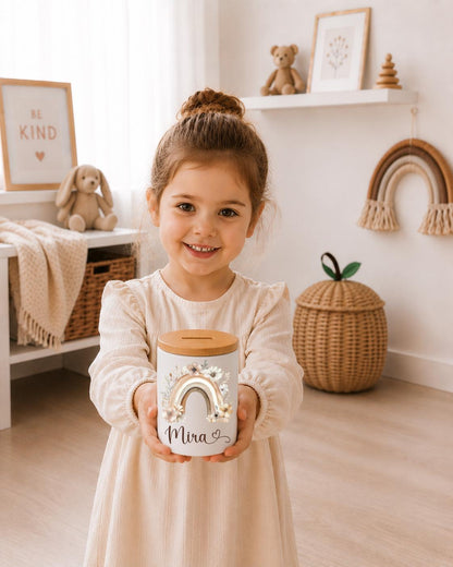Personalisierte Spardose Kinder mit Namen – Keramik Spardose mit Bambusdeckel, Zahnputzbecher & Stiftehalter Baby Geschenk