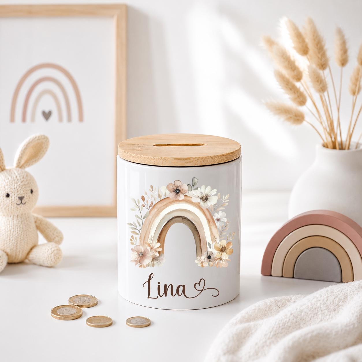 Personalisierte Spardose Kinder mit Namen – Keramik Spardose mit Bambusdeckel, Zahnputzbecher & Stiftehalter Baby Geschenk