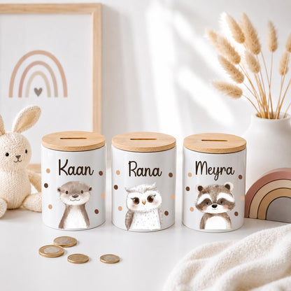 Personalisierte Spardose Kinder mit Namen – Keramik Spardose mit Bambusdeckel, Zahnputzbecher & Stiftehalter Baby Geschenk