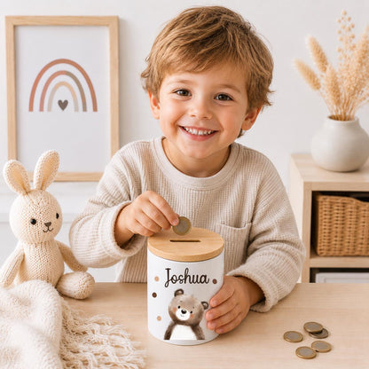 Personalisierte Spardose Kinder mit Namen – Keramik Spardose mit Bambusdeckel, Zahnputzbecher & Stiftehalter Baby Geschenk