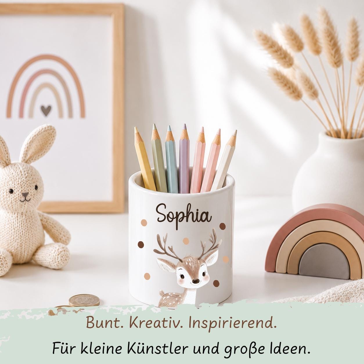 Personalisierte Spardose Kinder mit Namen – Keramik Spardose mit Bambusdeckel, Zahnputzbecher & Stiftehalter Baby Geschenk
