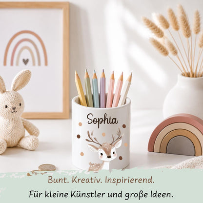 Personalisierte Spardose Kinder mit Namen – Keramik Spardose mit Bambusdeckel, Zahnputzbecher & Stiftehalter Baby Geschenk