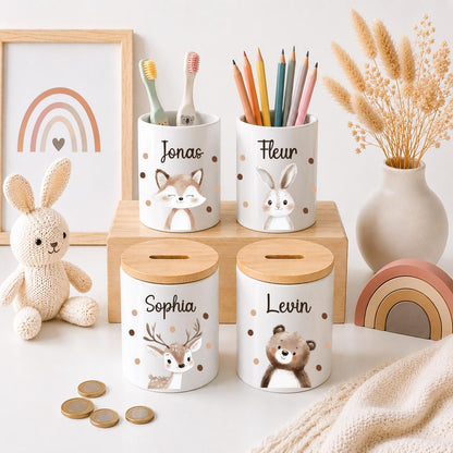 Personalisierte Spardose Kinder mit Namen – Keramik Spardose mit Bambusdeckel, Zahnputzbecher & Stiftehalter Baby Geschenk