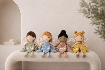 Kuscheltier Fee personalisiert mit Namen, Geschenk zur Geburt & Taufe, Schmusetier Elfe, Kuschelpuppe Baby Mädchen, Einschlafhilfe