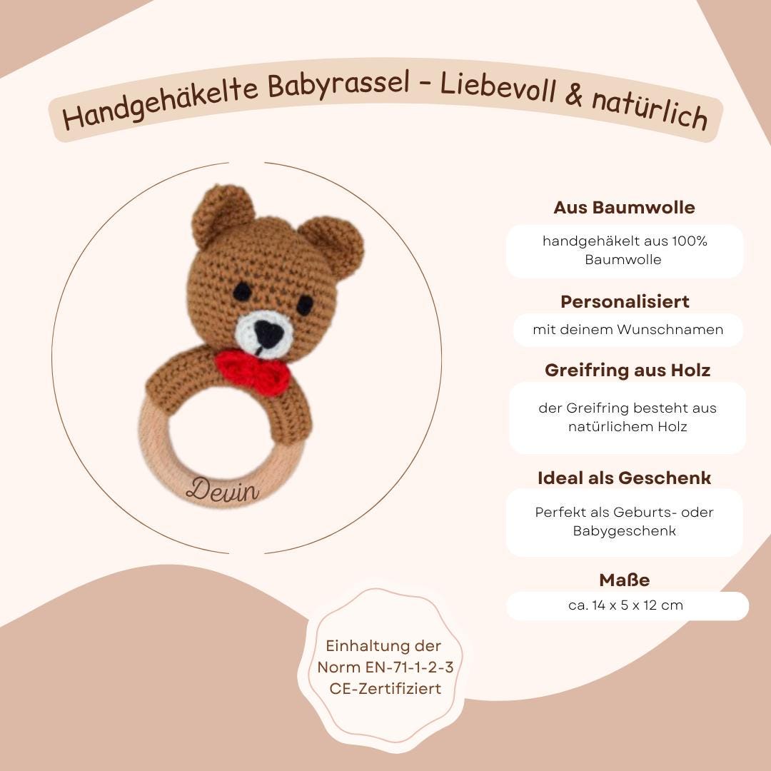 Babyrassel personalisiert mit Namen | Greifling Baby aus Holz & Baumwolle | Geschenk zur Geburt | Taufgeschenk | Babyspielzeug