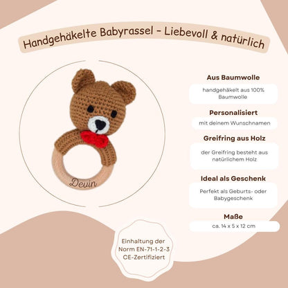 Babyrassel personalisiert mit Namen | Greifling Baby aus Holz & Baumwolle | Geschenk zur Geburt | Taufgeschenk | Babyspielzeug