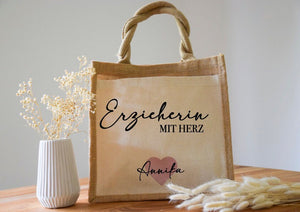 Personalisierte Jutetasche Erzieherin mit Herz