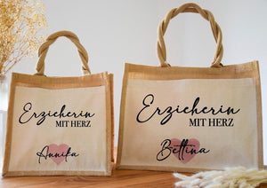 Personalisierte Jutetasche Erzieherin mit Herz