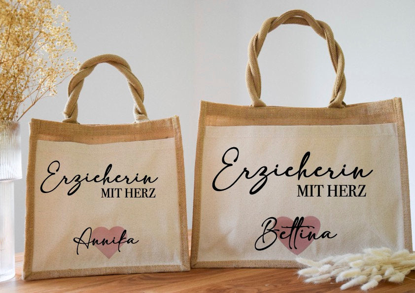 Personalisierte Jutetasche Erzieherin mit Herz