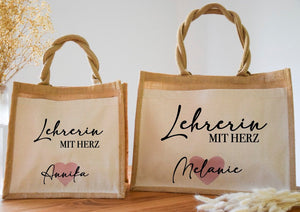 Personalisierte Jutetasche Lehrerin mit Herz