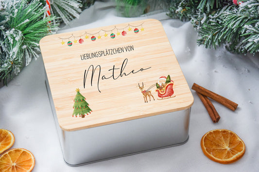 Keksdosen für Weihnachtsplätzchen mit Santa Claus-Motiv und Schlitten