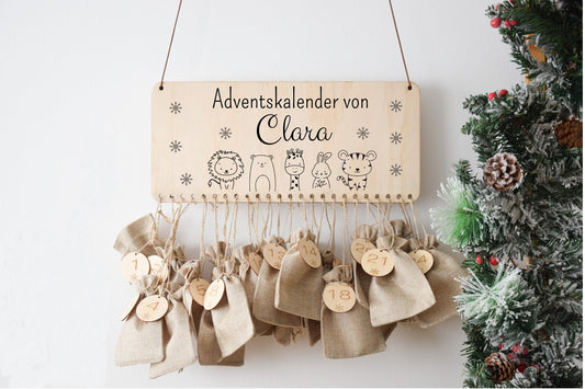 Adventskalender für Kinder mit Löwe, Bär, Giraffe, Hase und Tiger