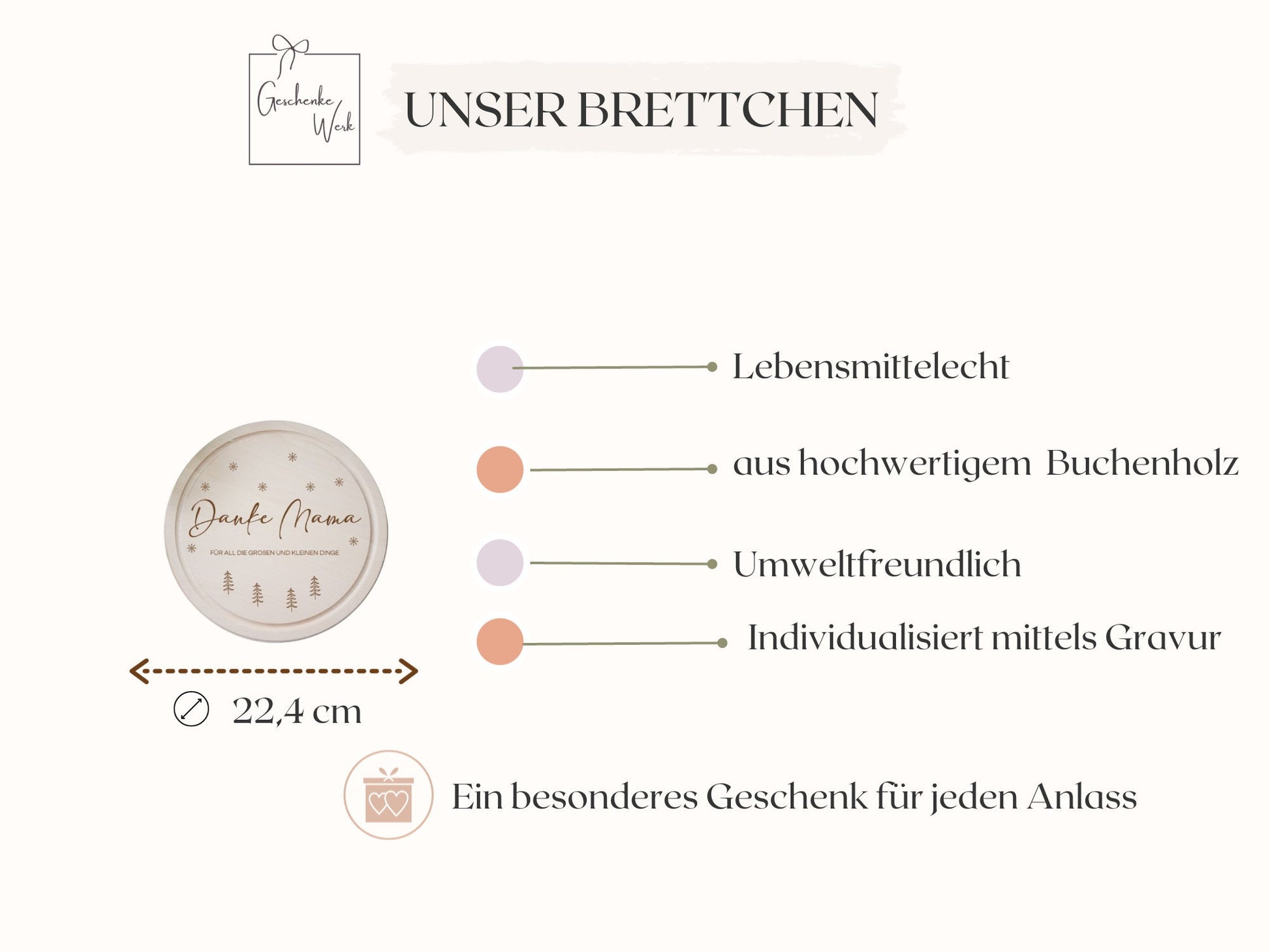 Rundes Frühstücksbrett mit "Danke Mama" mit Schneeflocken und Tannenbaum