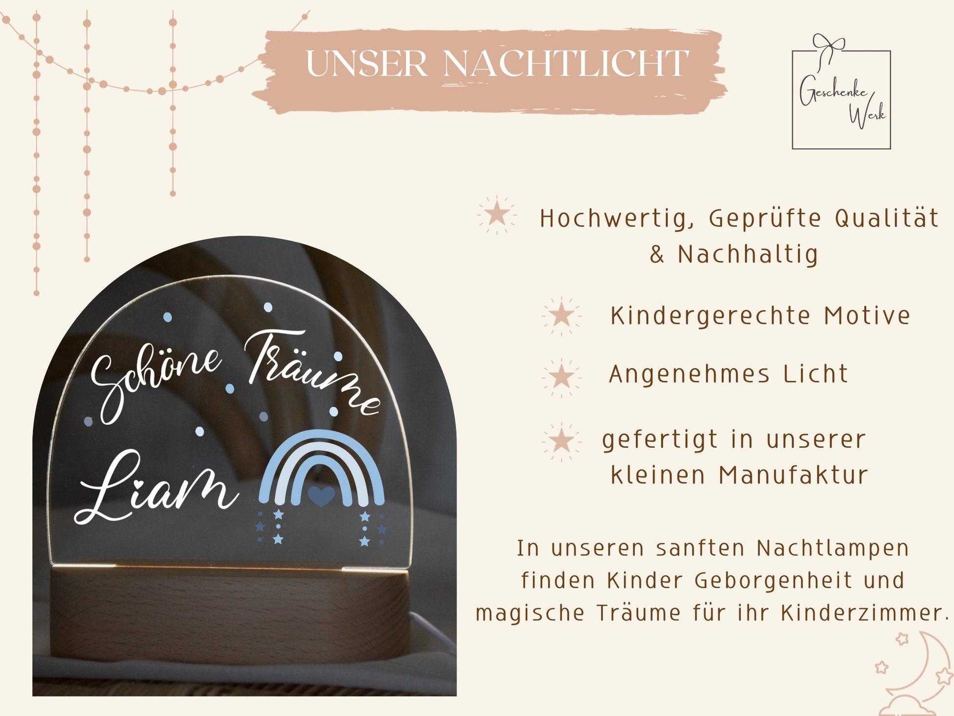 Nachtlicht für Kinder mit "Süße Träume" und Regenbogen Blau