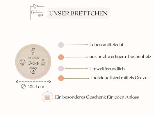 Rundes Frühstücksbrett mit vier verspielten Tiermotiven