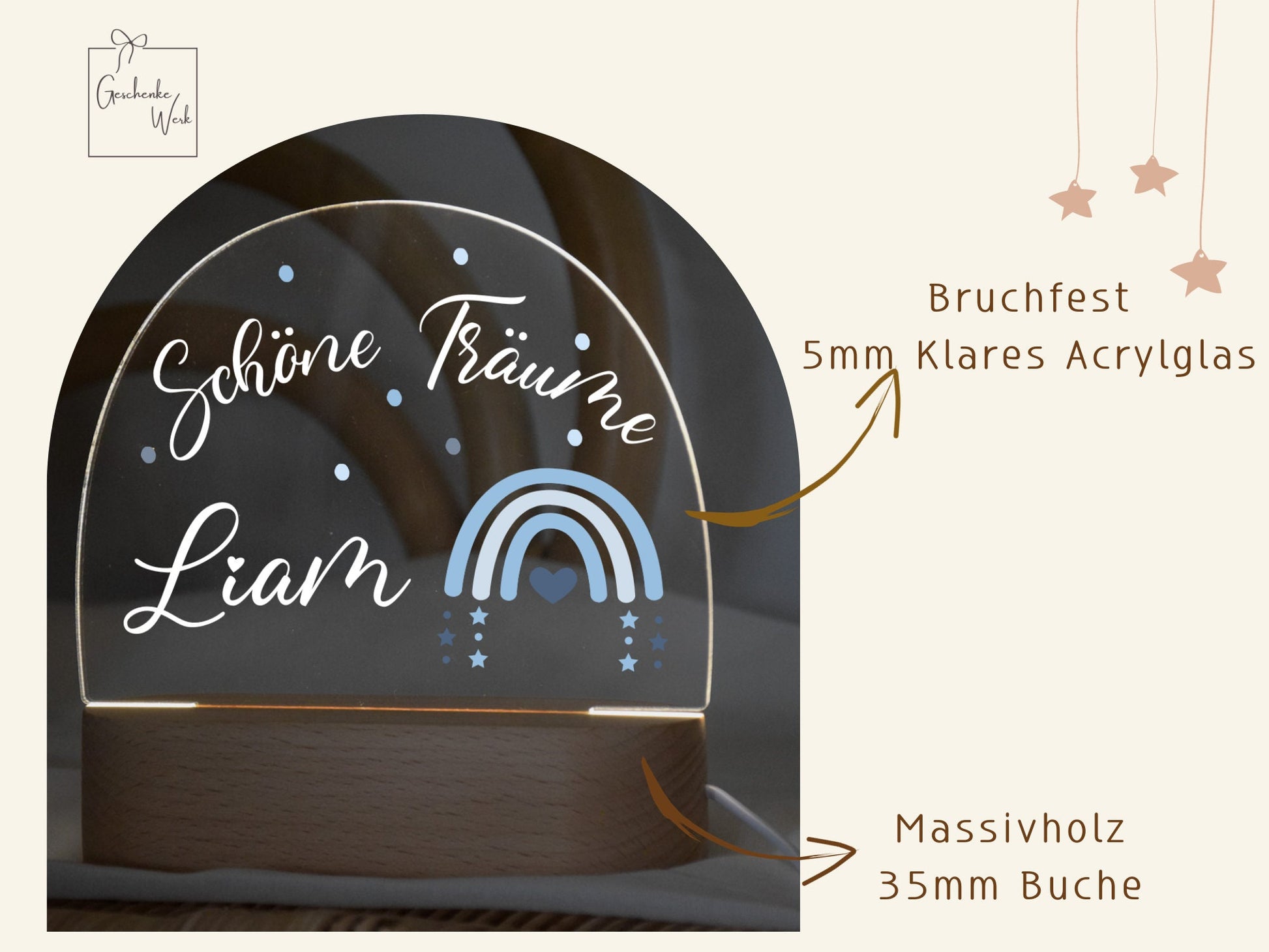 Nachtlicht für Kinder mit "Süße Träume" und Regenbogen Blau