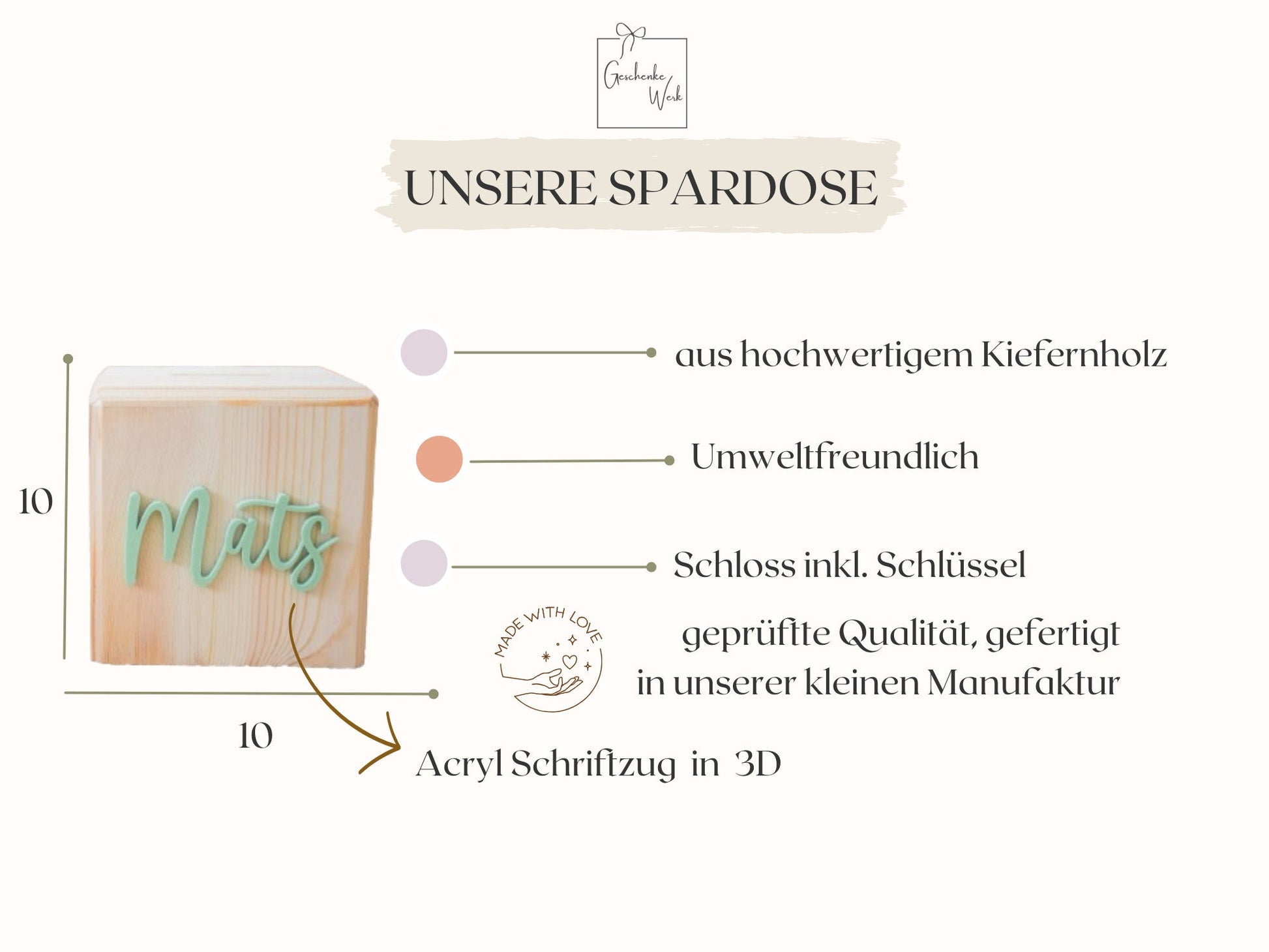 Spardose mit 3D Schriftzug in Bunten Pastell Farben